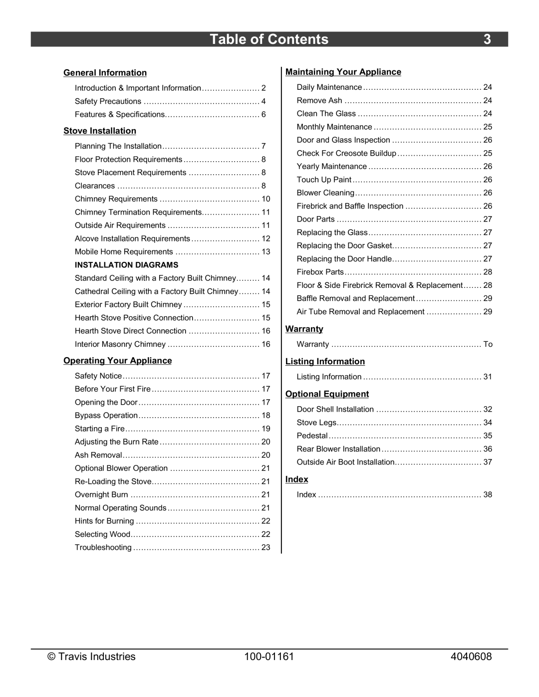 Lopi Endeavor owner manual Table of Contents 