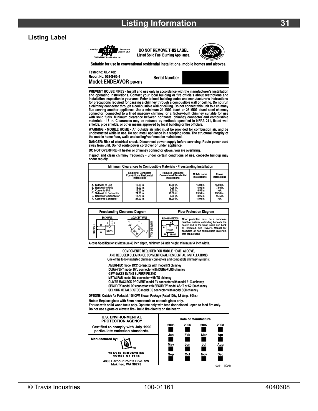 Lopi Endeavor owner manual Listing Information, Listing Label 