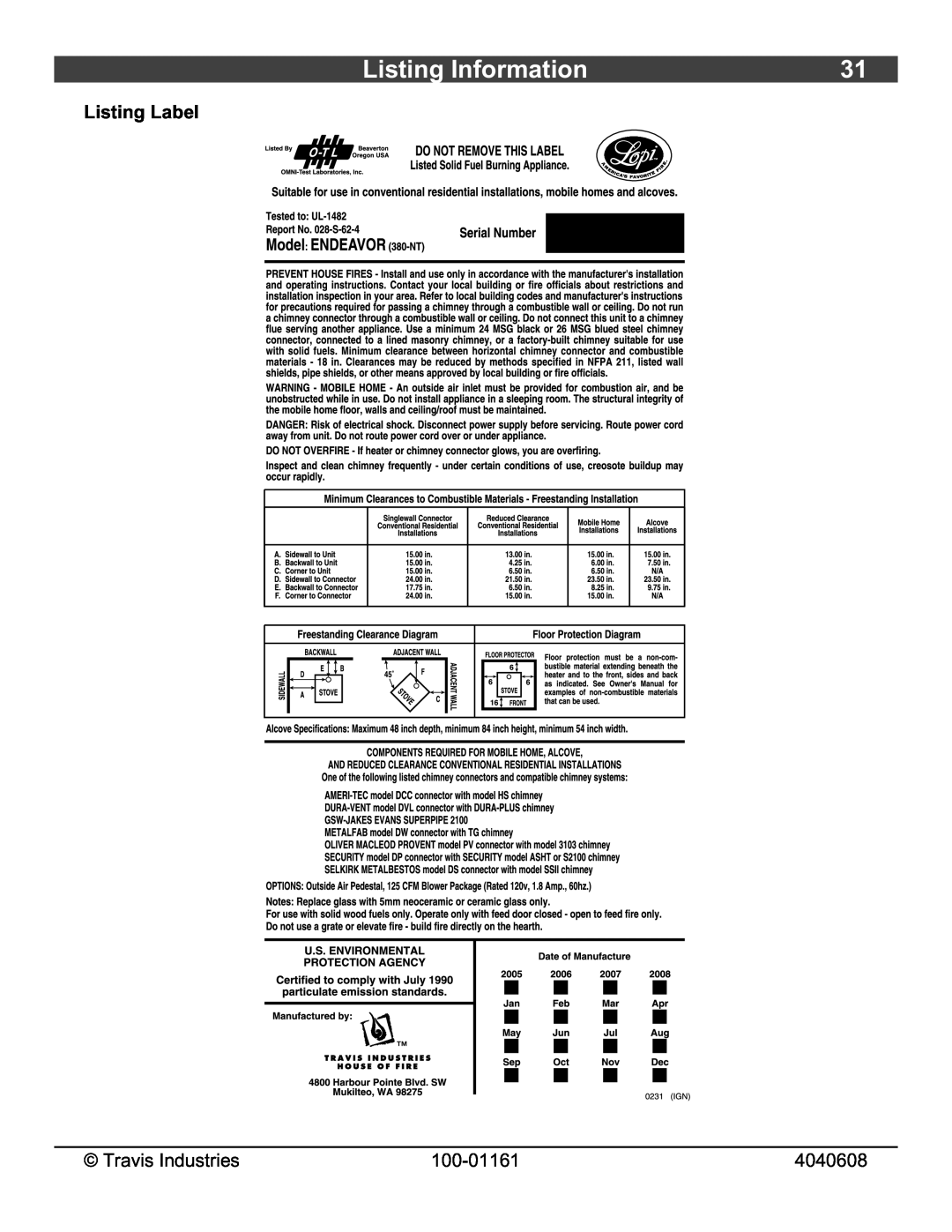 Lopi Endeavor owner manual Listing Information, Listing Label, Travis Industries, 100-01161, 4040608 