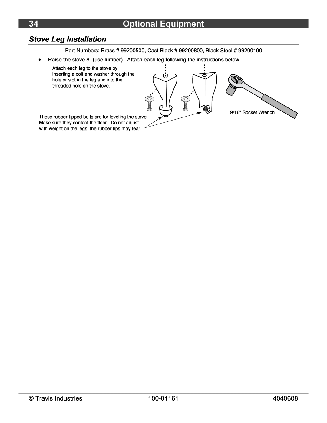 Lopi Endeavor owner manual Optional Equipment, Stove Leg Installation, Travis Industries, 100-01161, 4040608 