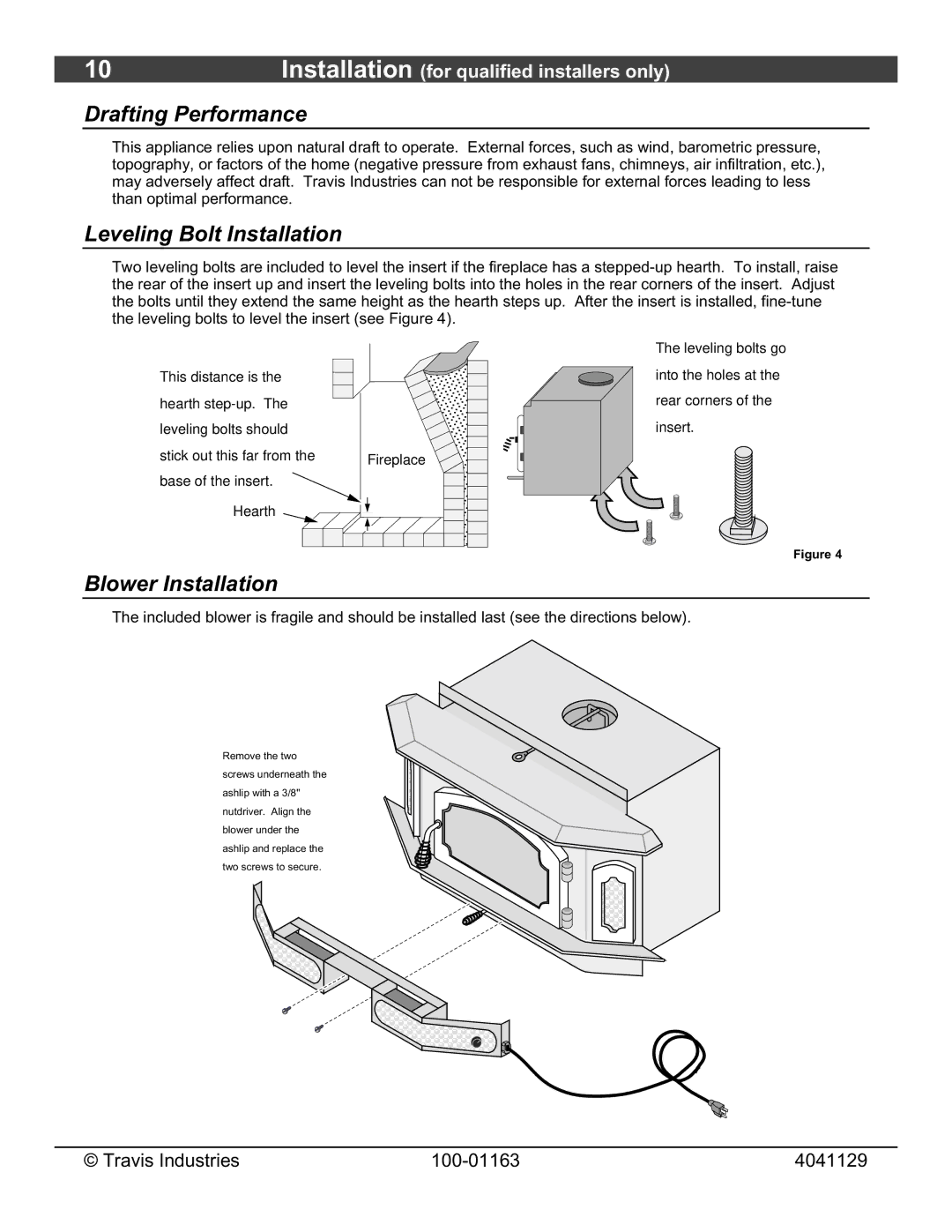 Lopi Freedom Bay Fireplace Insert owner manual Drafting Performance, Leveling Bolt Installation, Blower Installation 