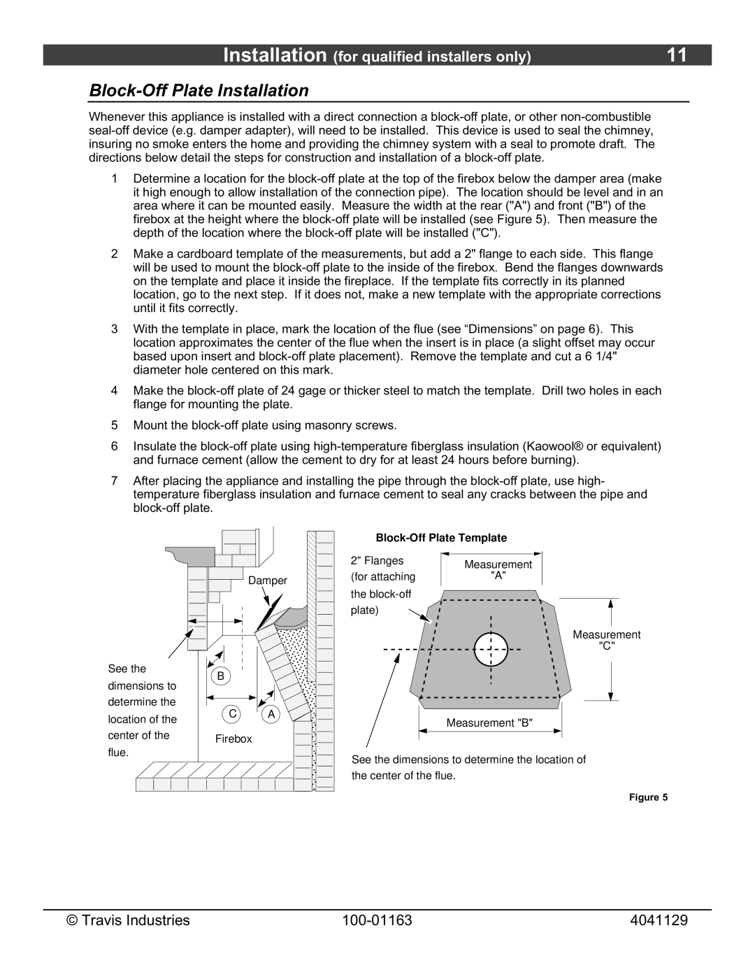 Lopi Freedom Bay Fireplace Insert owner manual Block-Off Plate Installation, Block-Off Plate Template 