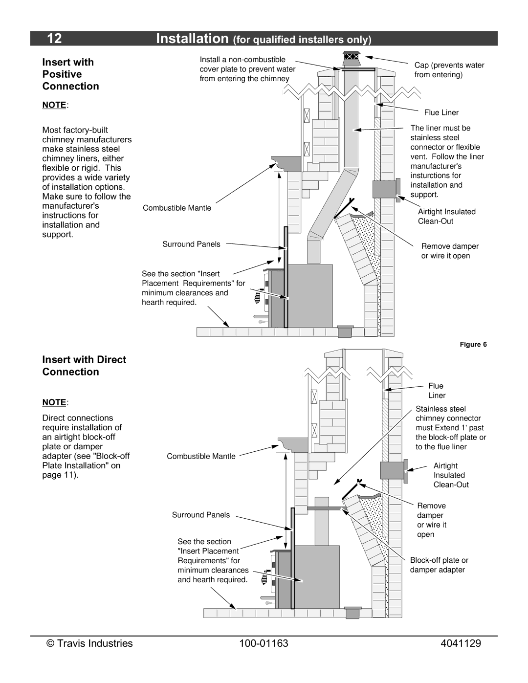 Lopi Freedom Bay Fireplace Insert owner manual Insert with Positive Connection, Insert with Direct Connection 