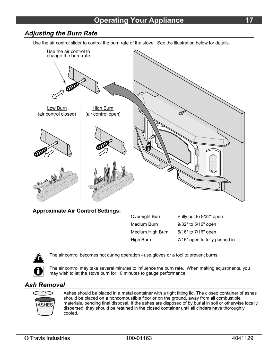 Lopi Freedom Bay Fireplace Insert owner manual Adjusting the Burn Rate, Ash Removal, Approximate Air Control Settings 