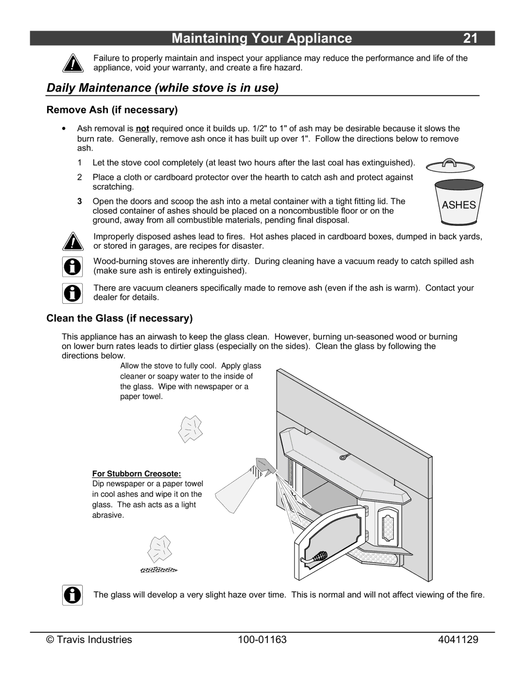 Lopi Freedom Bay Fireplace Insert owner manual Maintaining Your Appliance, Daily Maintenance while stove is in use 