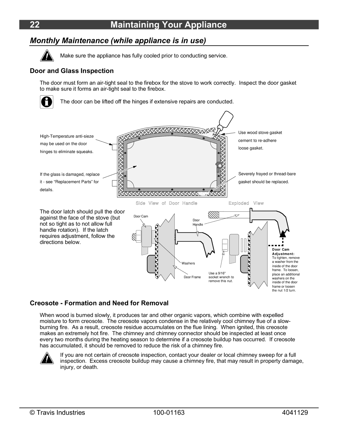 Lopi Freedom Bay Fireplace Insert owner manual Monthly Maintenance while appliance is in use, Door and Glass Inspection 