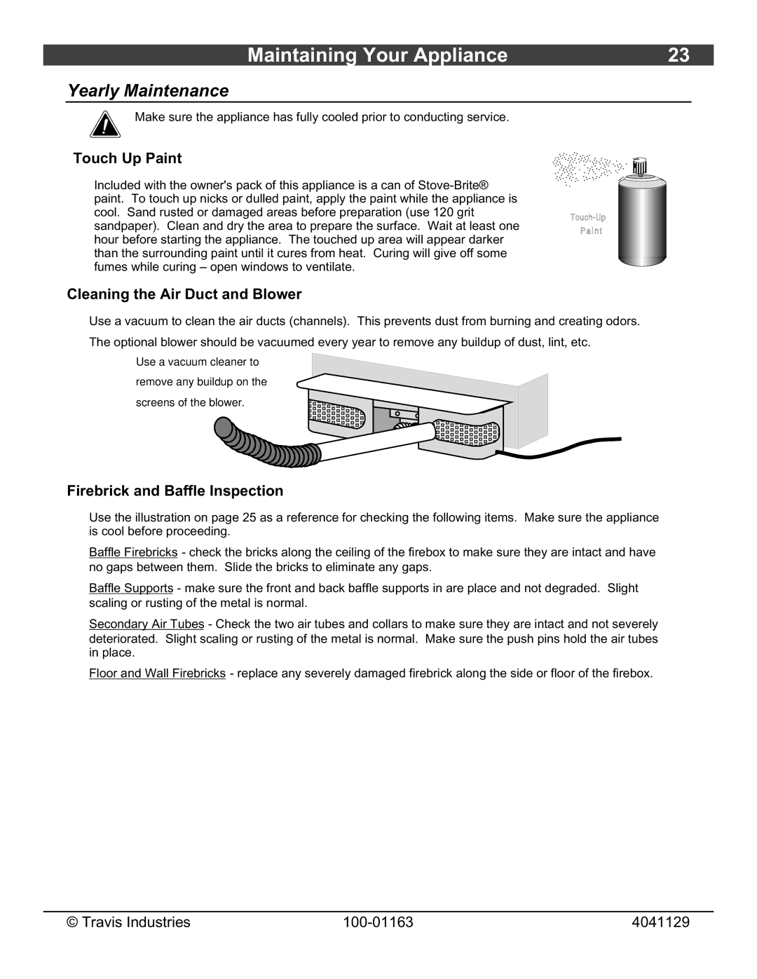 Lopi Freedom Bay Fireplace Insert owner manual Yearly Maintenance, Touch Up Paint, Cleaning the Air Duct and Blower 