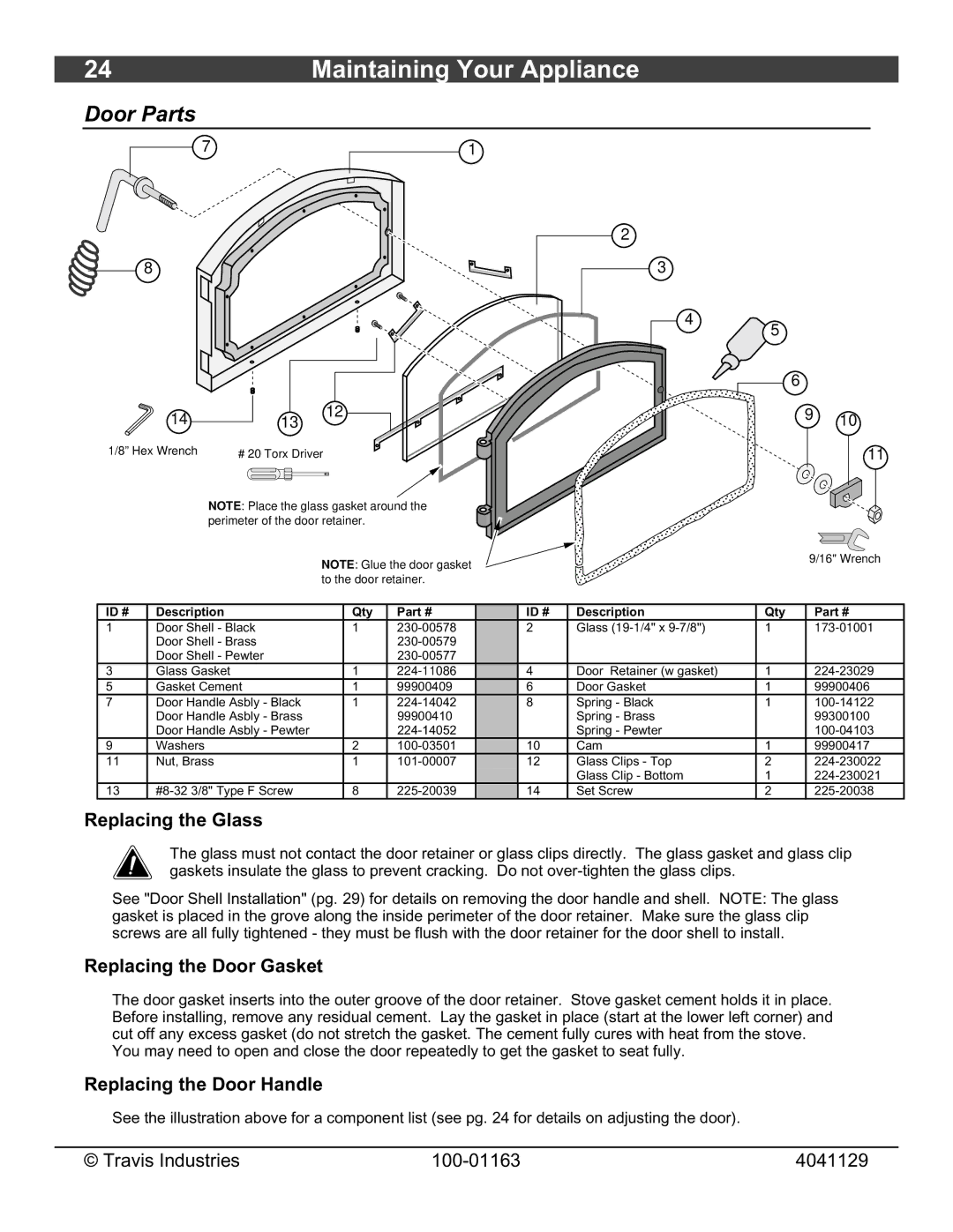 Lopi Freedom Bay Fireplace Insert Door Parts, Replacing the Glass, Replacing the Door Gasket, Replacing the Door Handle 