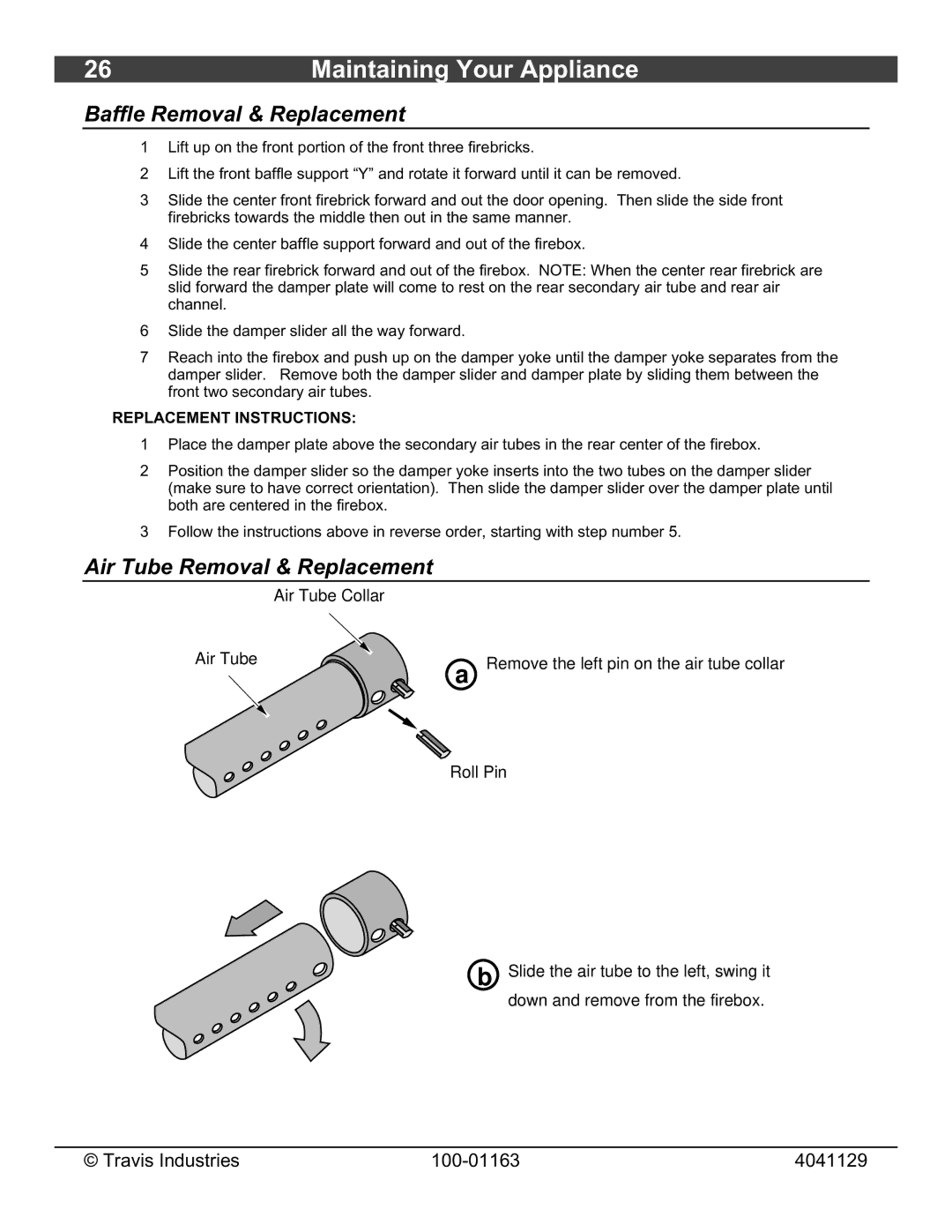 Lopi Freedom Bay Fireplace Insert owner manual Baffle Removal & Replacement, Air Tube Removal & Replacement 