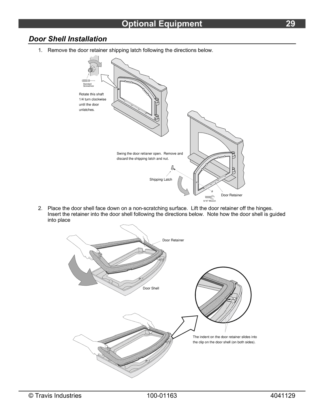 Lopi Freedom Bay Fireplace Insert owner manual Optional Equipment, Door Shell Installation 