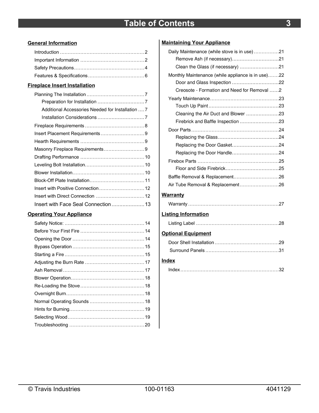 Lopi Freedom Bay Fireplace Insert owner manual Table of Contents 