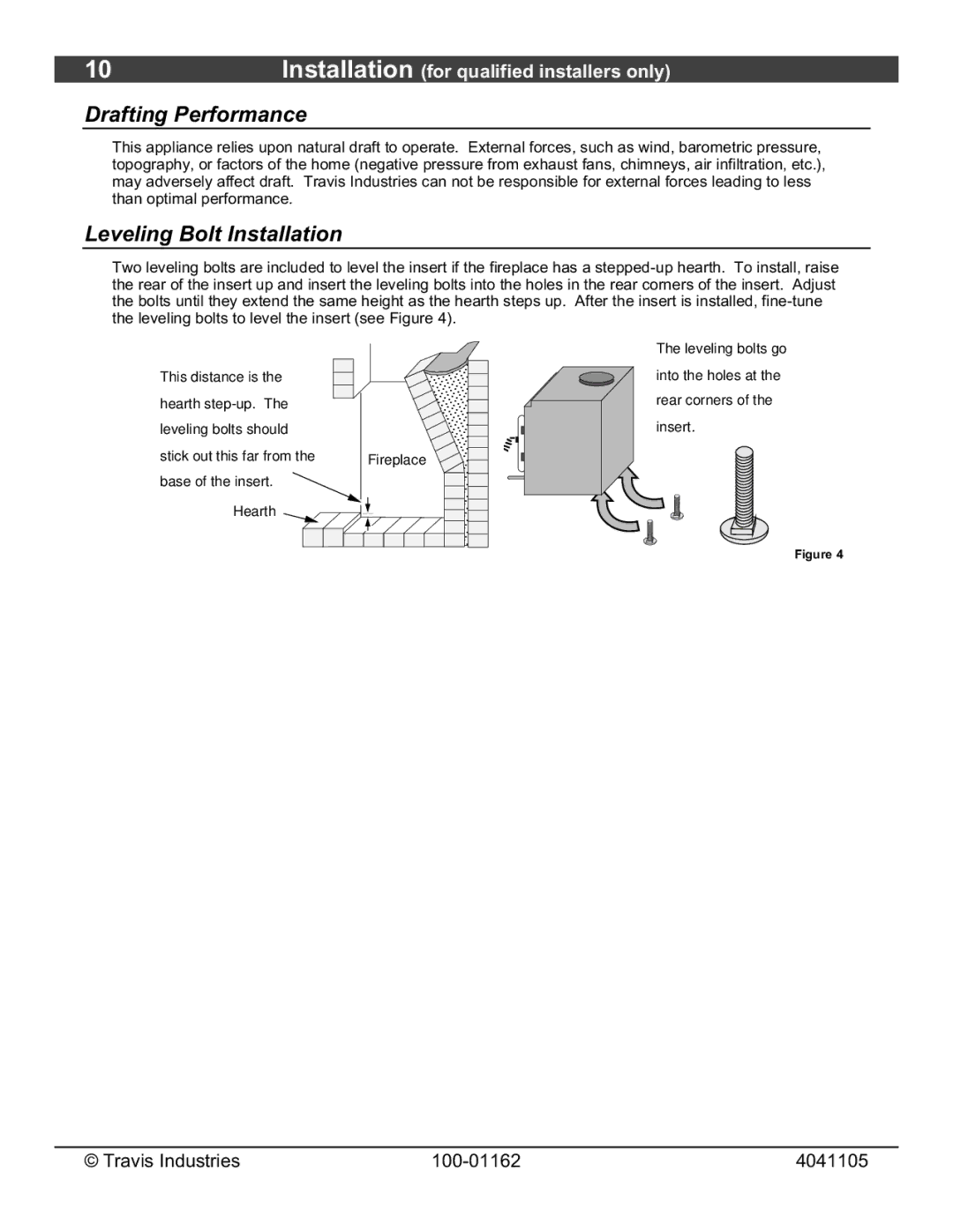 Lopi Freedom Fireplace Insert owner manual Drafting Performance, Leveling Bolt Installation 