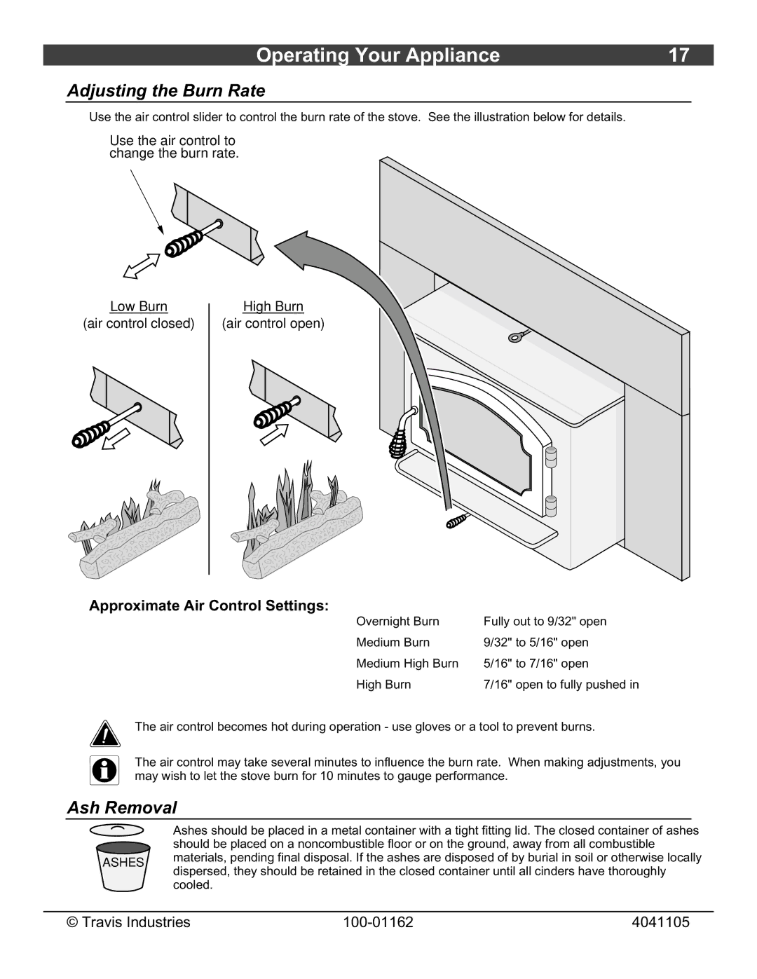 Lopi Freedom Fireplace Insert owner manual Adjusting the Burn Rate, Ash Removal, Approximate Air Control Settings 