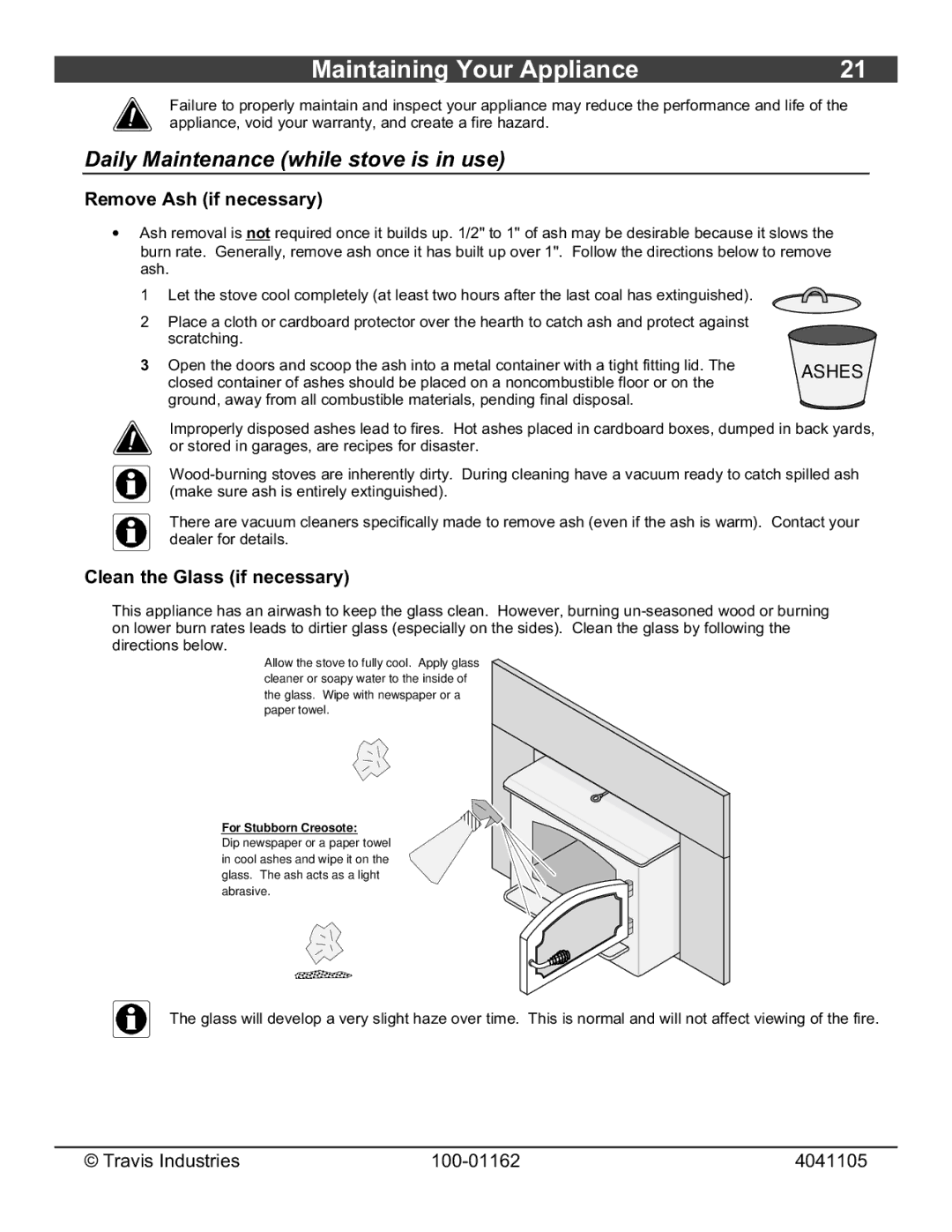 Lopi Freedom Fireplace Insert Maintaining Your Appliance, Daily Maintenance while stove is in use, Remove Ash if necessary 