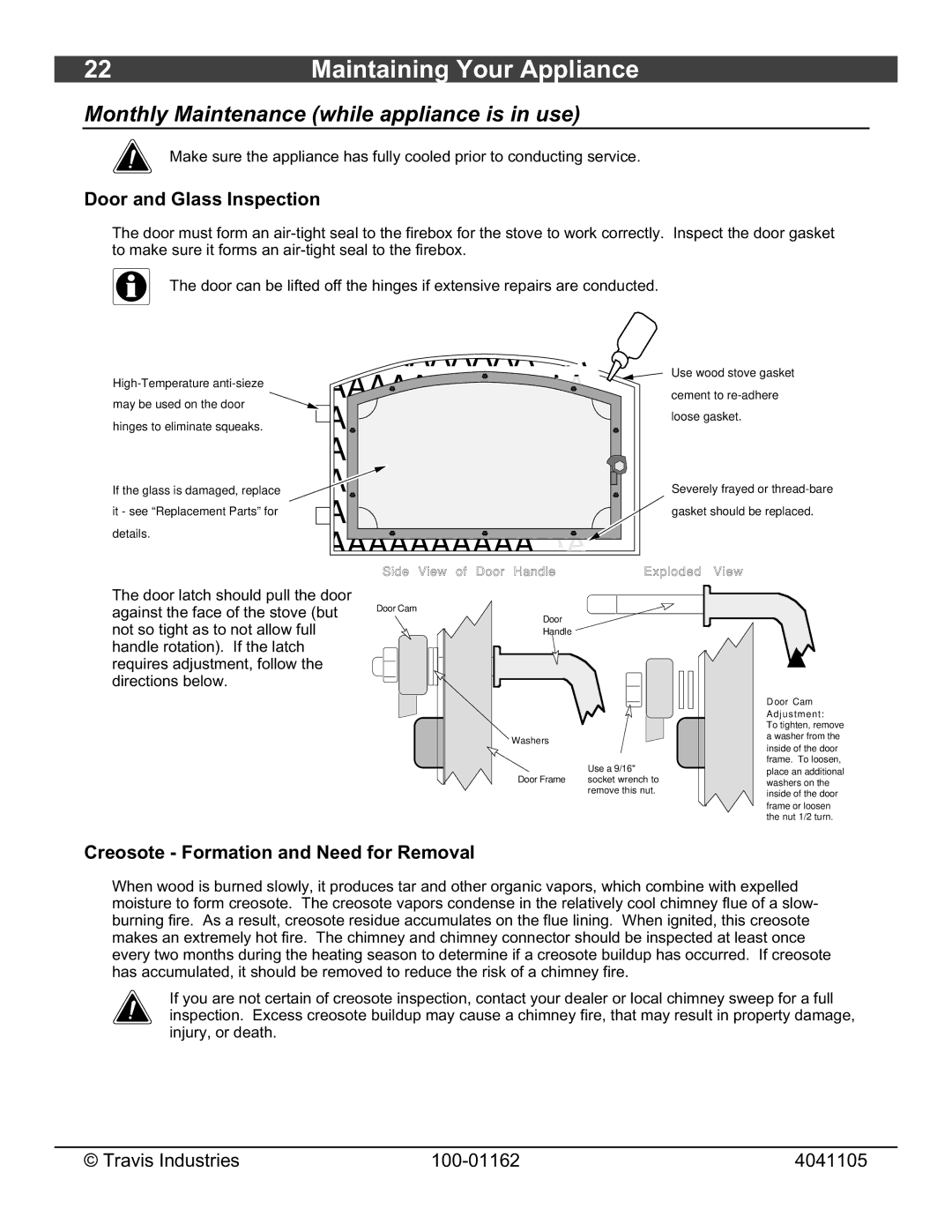 Lopi Freedom Fireplace Insert owner manual Monthly Maintenance while appliance is in use, Door and Glass Inspection 