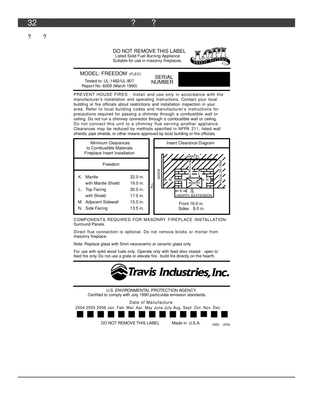 Lopi Freedom Fireplace Insert owner manual Listing Label 