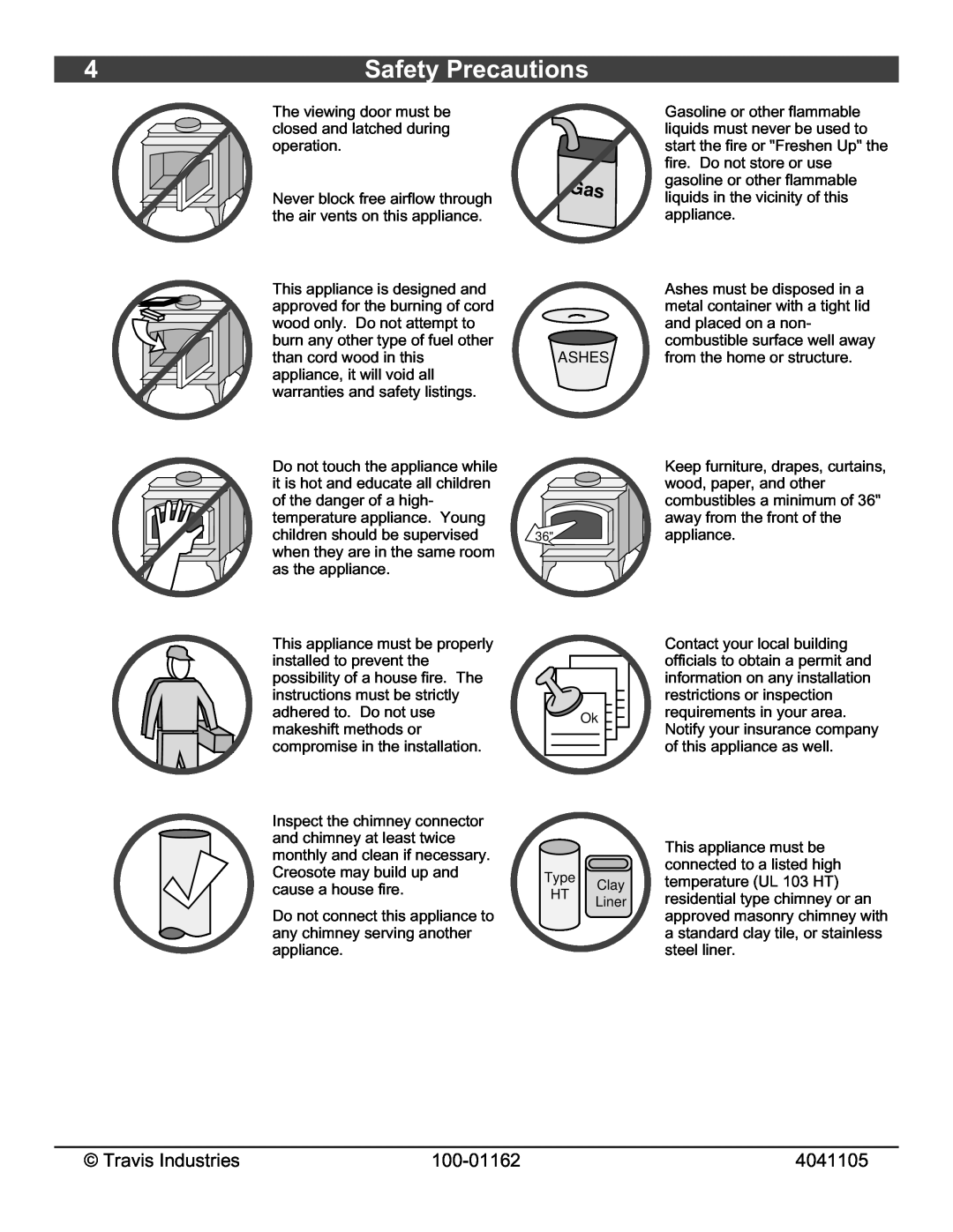 Lopi Freedom Fireplace Insert owner manual Safety Precautions, Travis Industries, 100-01162, 4041105 