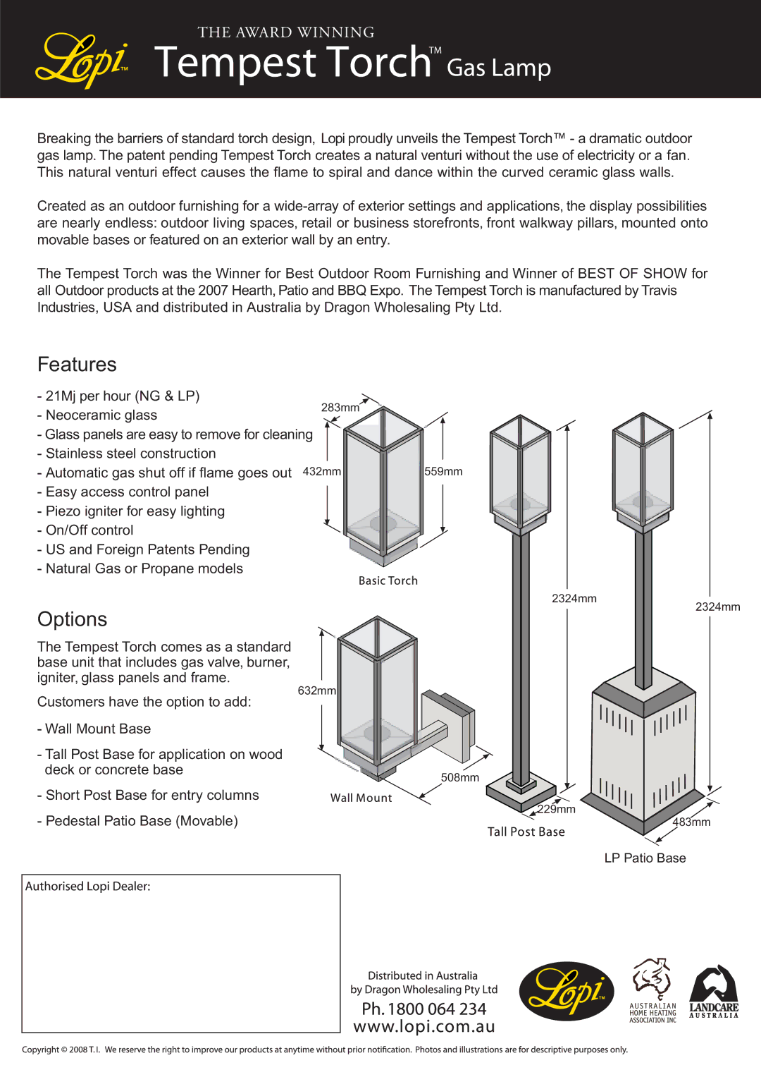 Lopi manual Tempest TorchTM Gas Lamp, Features, Options 