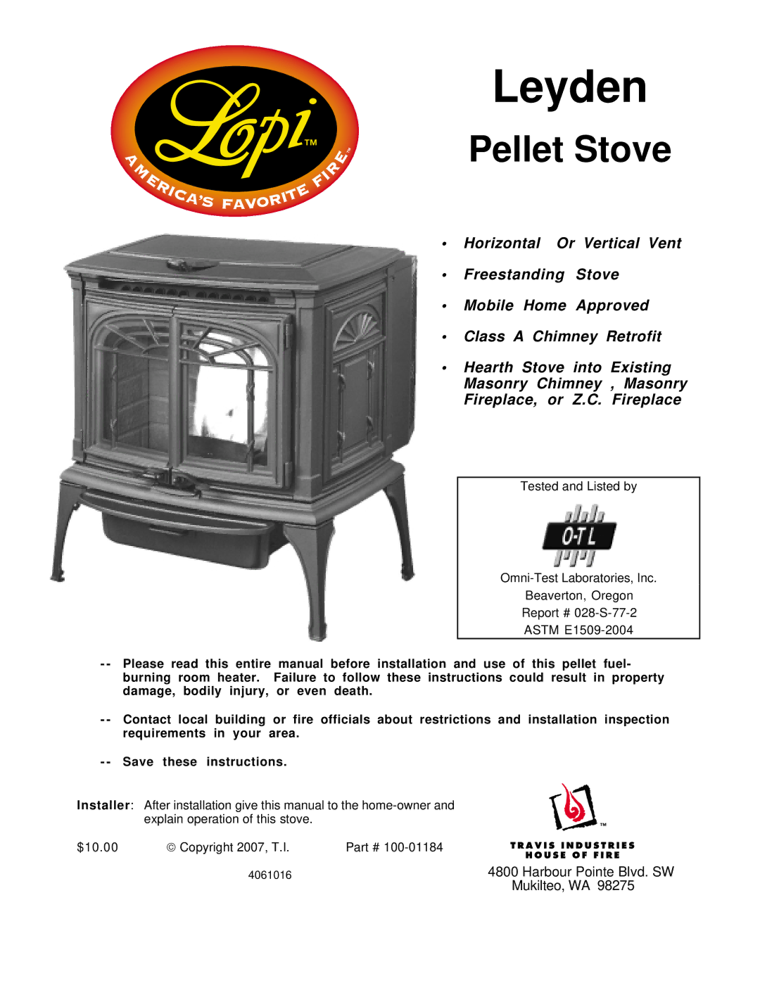 Lopi Leyden Pellet Stove manual 