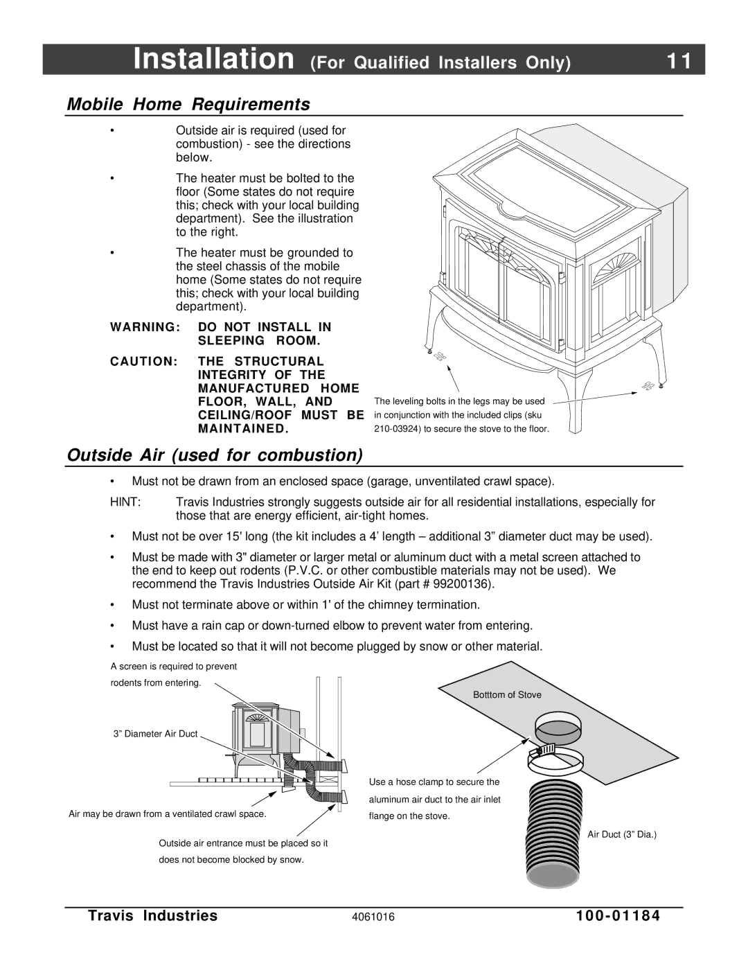 Lopi Leyden Pellet Stove manual Mobile Home Requirements, Outside Air used for combustion 