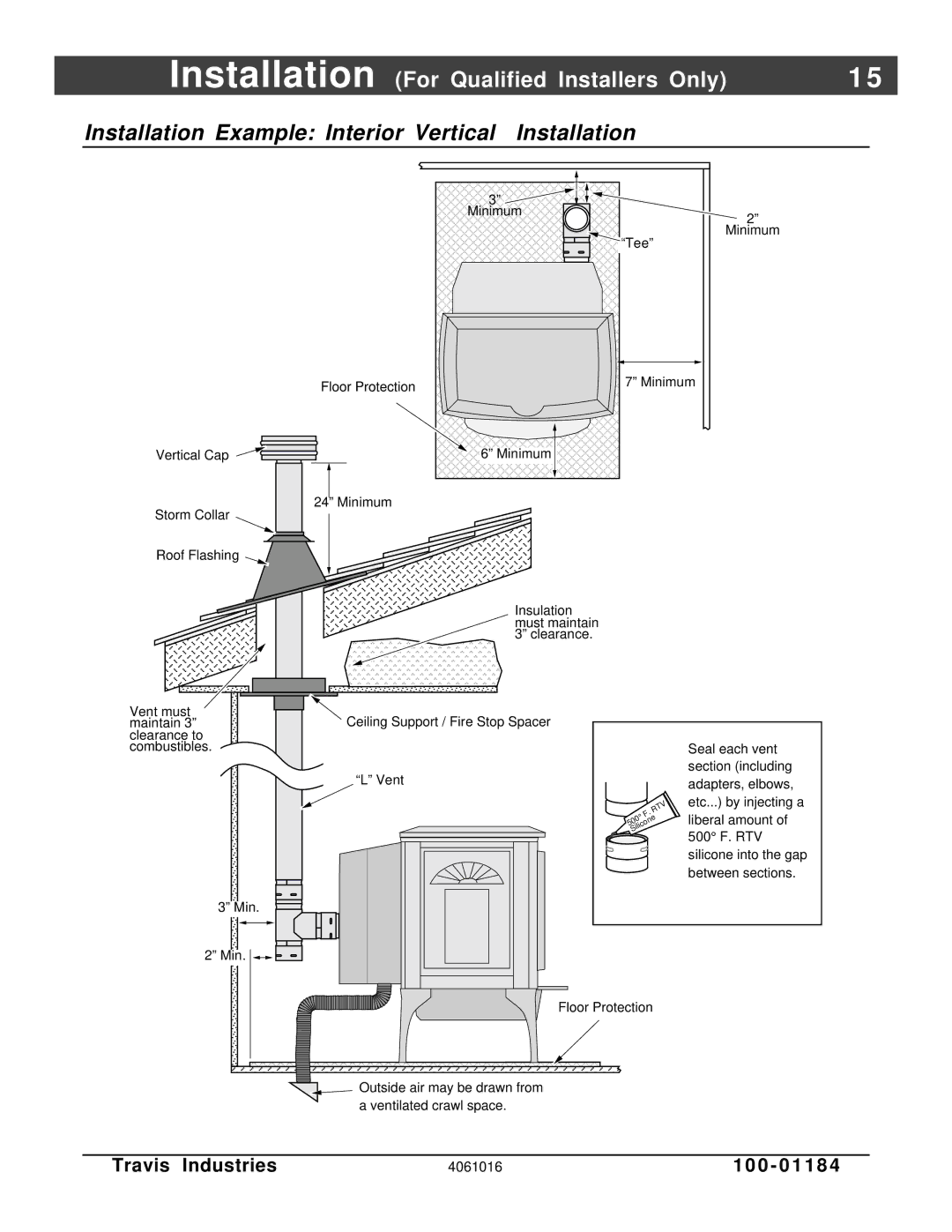 Lopi Leyden Pellet Stove Installation Example Interior Vertical Installation, Min Ceiling Support / Fire Stop Spacer Vent 