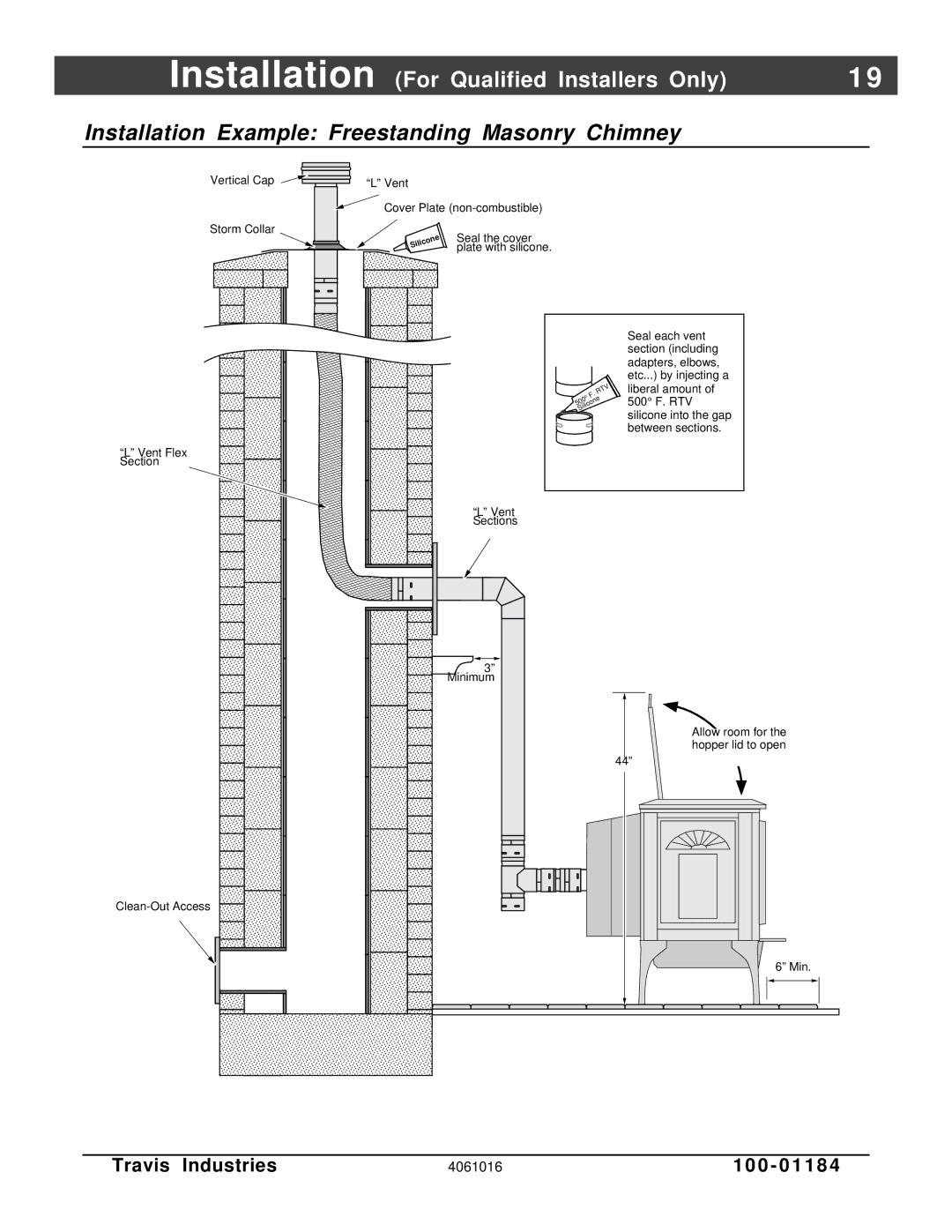 Lopi Leyden Pellet Stove manual Installation Example Freestanding Masonry Chimney, Vent Flex Section 