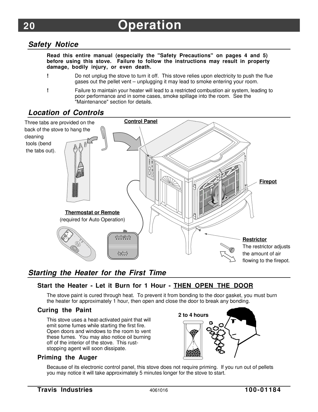 Lopi Leyden Pellet Stove manual 0Operation, Safety Notice, Location of Controls, Starting the Heater for the First Time 