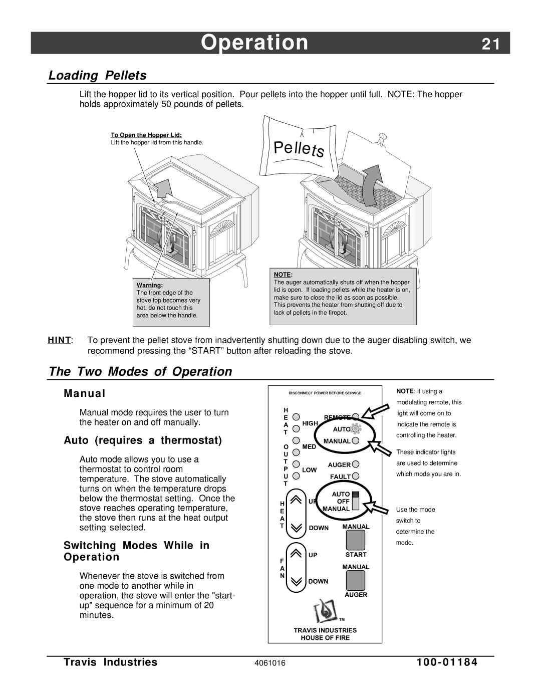 Lopi Leyden Pellet Stove manual Operation2, Loading Pellets, Two Modes of Operation 