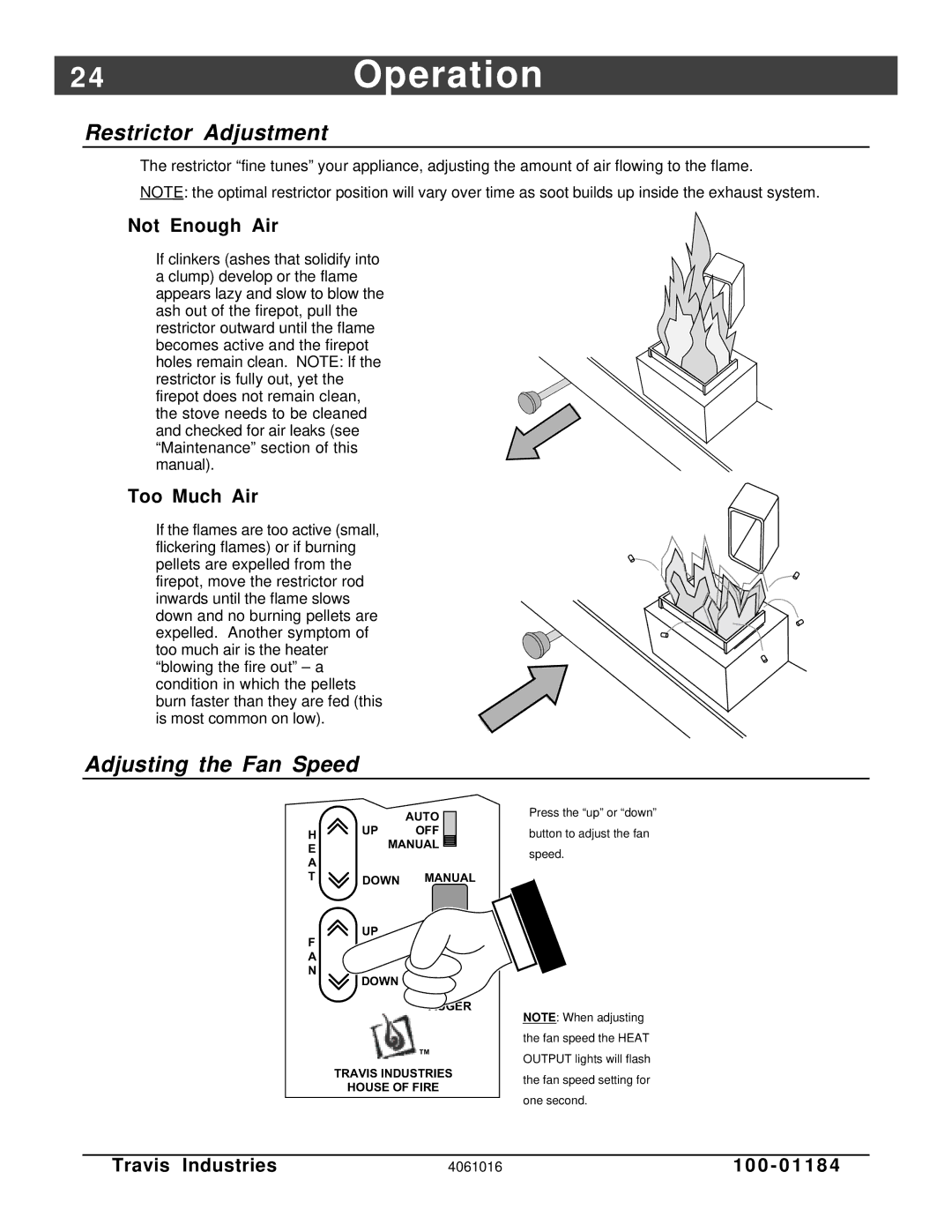 Lopi Leyden Pellet Stove manual 4Operation, Adjusting the Fan Speed 