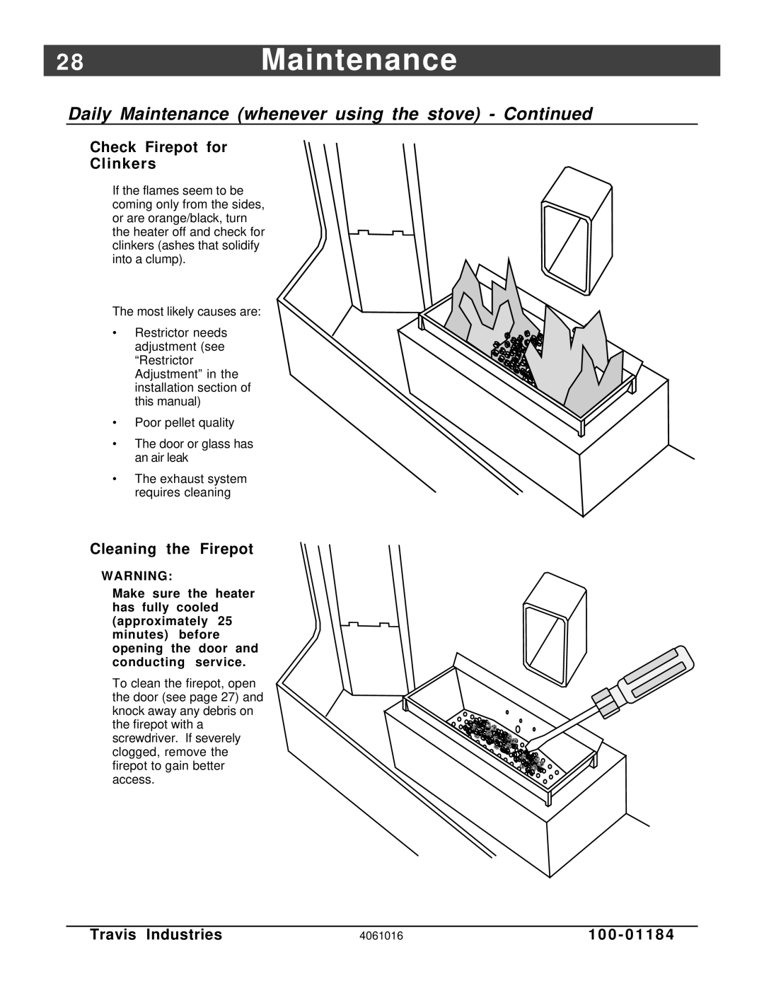 Lopi Leyden Pellet Stove manual 8Maintenance, Check Firepot for Clinkers, Cleaning the Firepot 