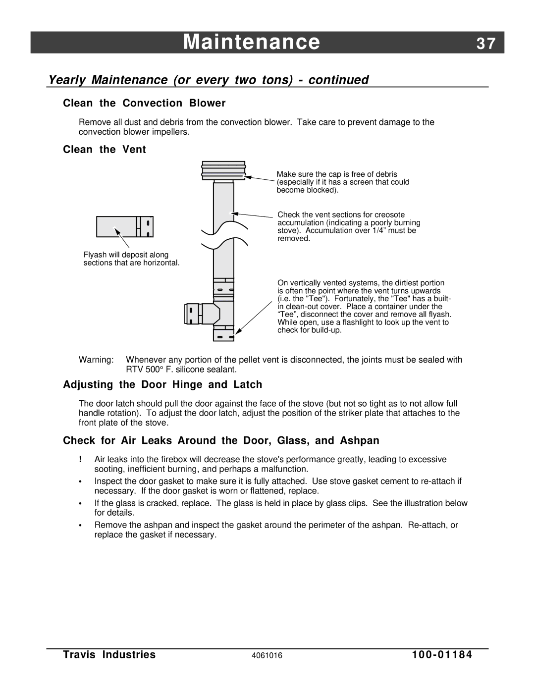 Lopi Leyden Pellet Stove manual Clean the Convection Blower, Clean the Vent, Adjusting the Door Hinge and Latch 