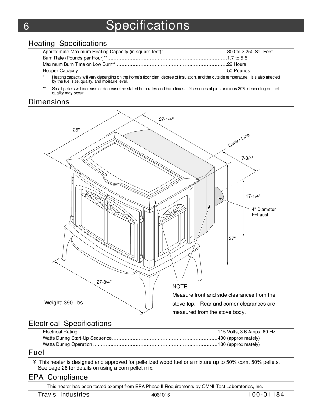 Lopi Leyden Pellet Stove manual 6Specifications 