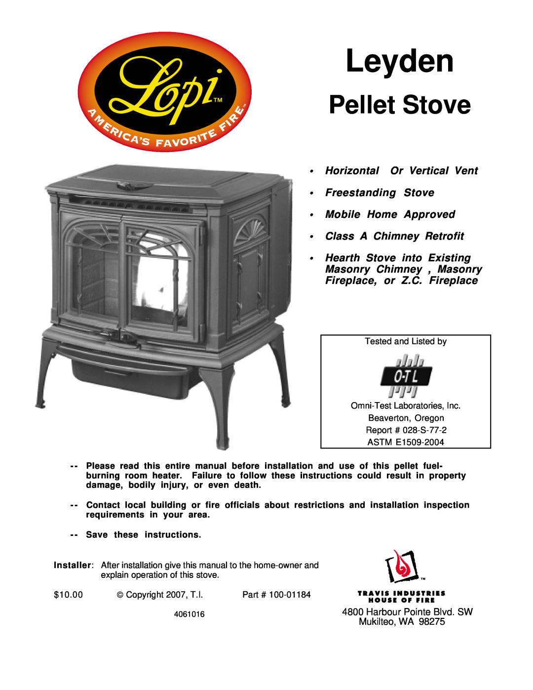 Lopi Leyden Pellet Stove manual Horizontal Or Vertical Vent, Freestanding Stove Mobile Home Approved, Mukilteo, WA 