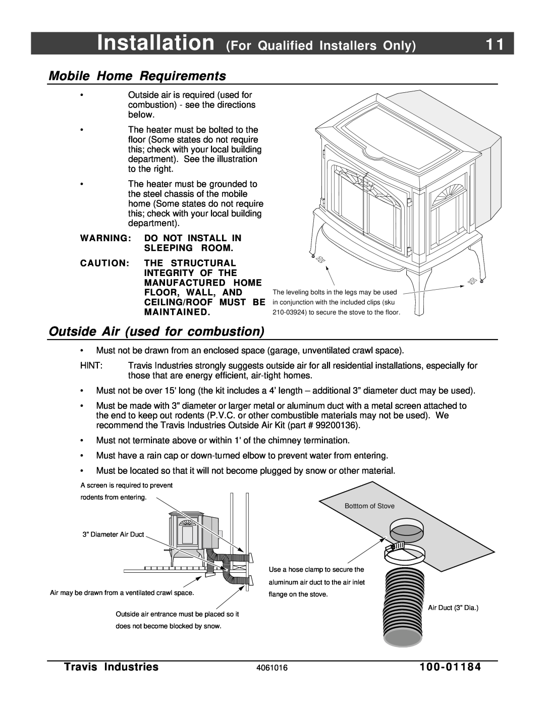 Lopi Leyden Pellet Stove manual Mobile Home Requirements, Outside Air used for combustion, Travis Industries, 1 0 0 - 0 1 