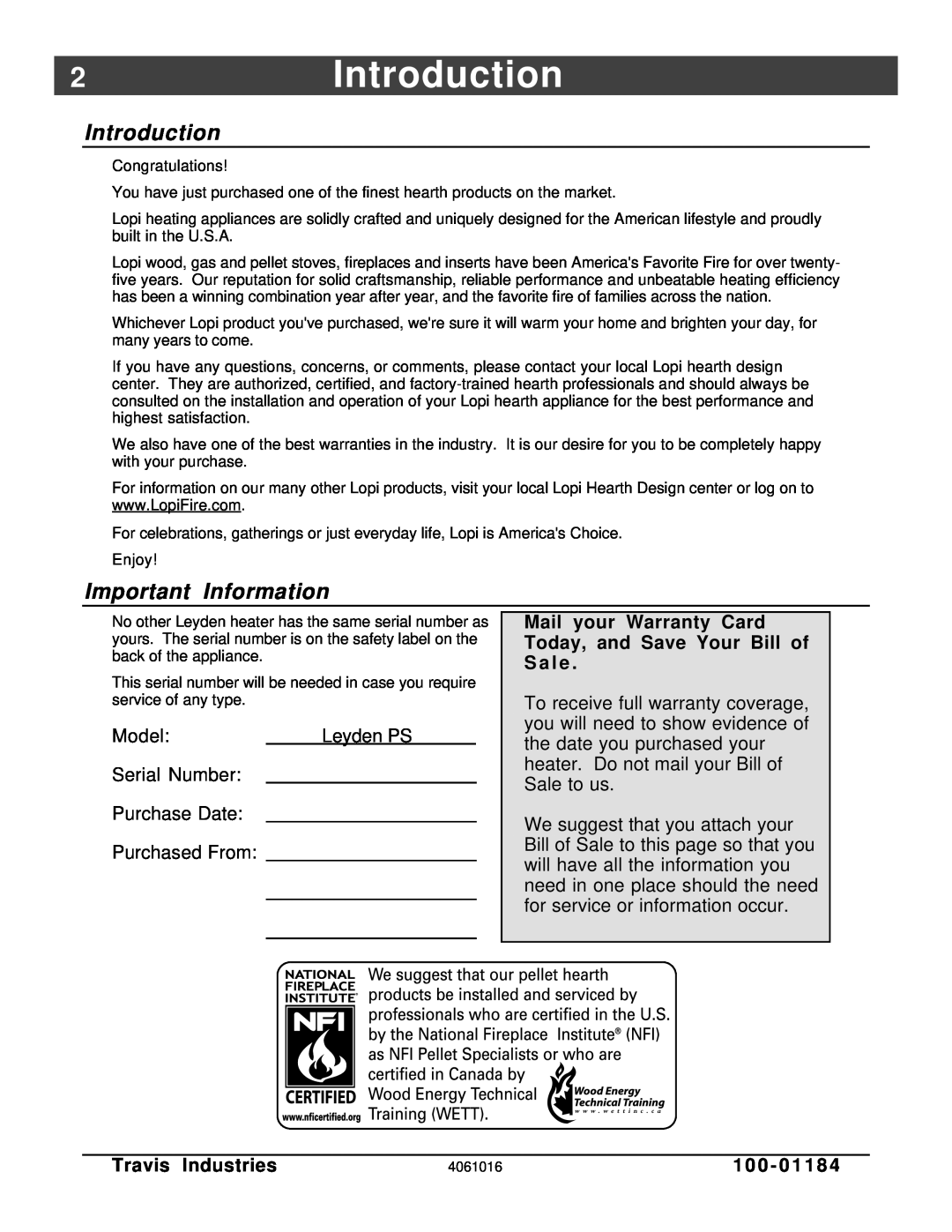 Lopi Leyden Pellet Stove manual 2Introduction, Important Information, Travis Industries, 1 0 0 
