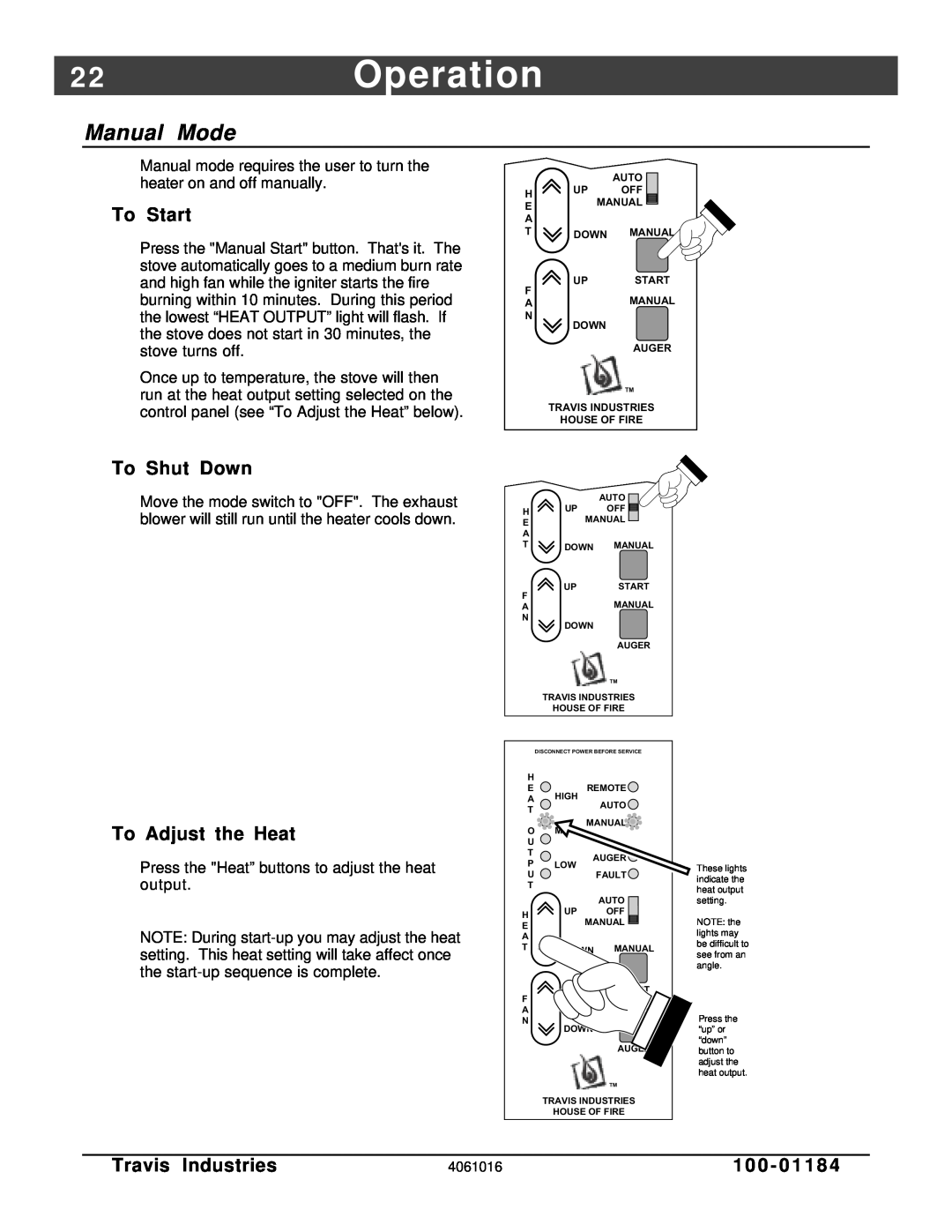 Lopi Leyden Pellet Stove manual 2 2Operation, Manual Mode, To Start, To Shut Down, To Adjust the Heat, Travis Industries 