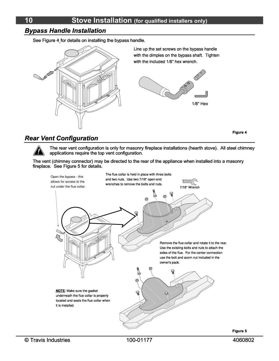 Lopi Leyden Wood Stove owner manual Bypass Handle Installation, Rear Vent Configuration, 1/8 Hex 