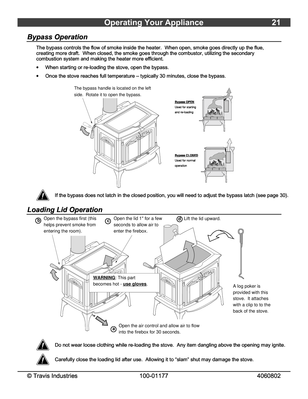 Lopi Leyden Wood Stove owner manual Operating Your Appliance, Bypass Operation, Loading Lid Operation 