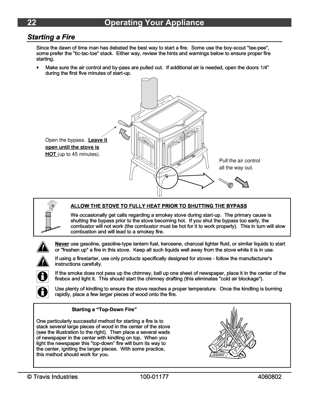 Lopi Leyden Wood Stove Operating Your Appliance, Starting a Fire, open until the stove is, Starting a “Top-DownFire” 