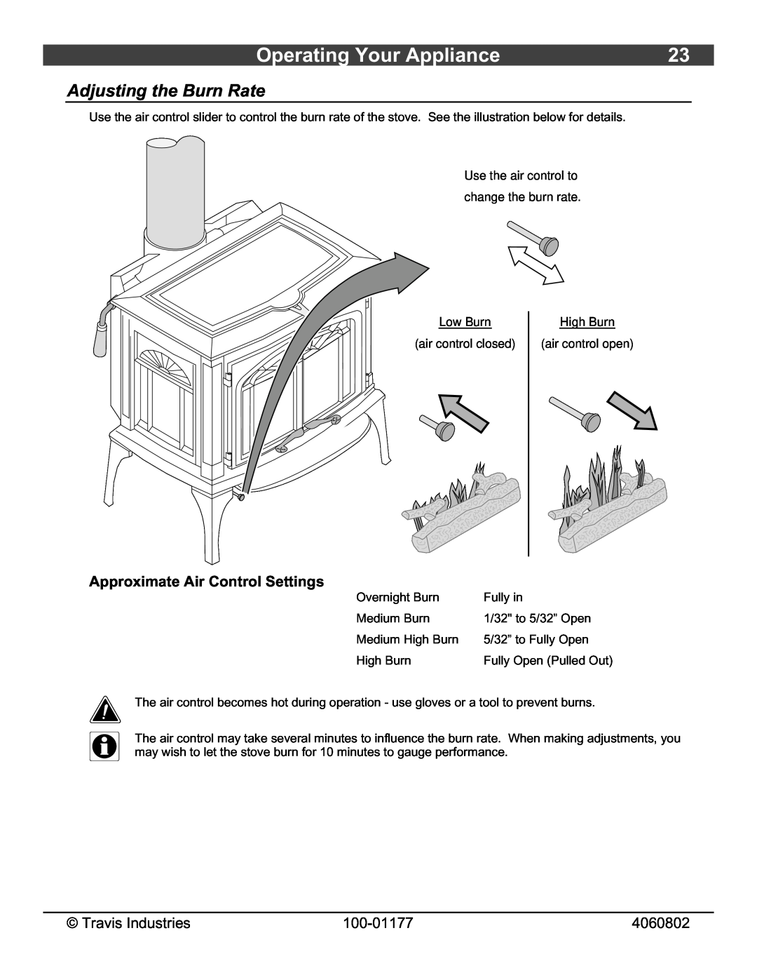 Lopi Leyden Wood Stove owner manual Operating Your Appliance, Adjusting the Burn Rate, Approximate Air Control Settings 