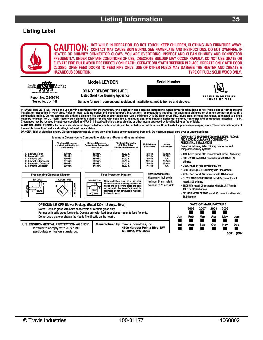 Lopi Leyden Wood Stove owner manual Listing Information, Listing Label 