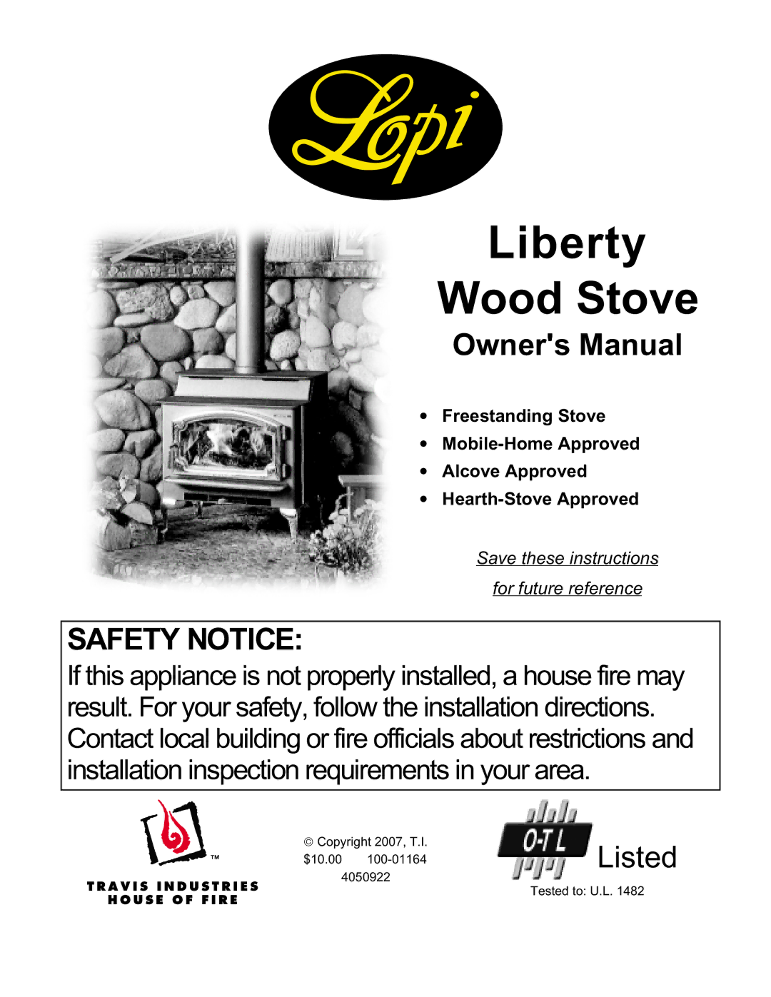 Lopi Liberty Wood Stove owner manual 