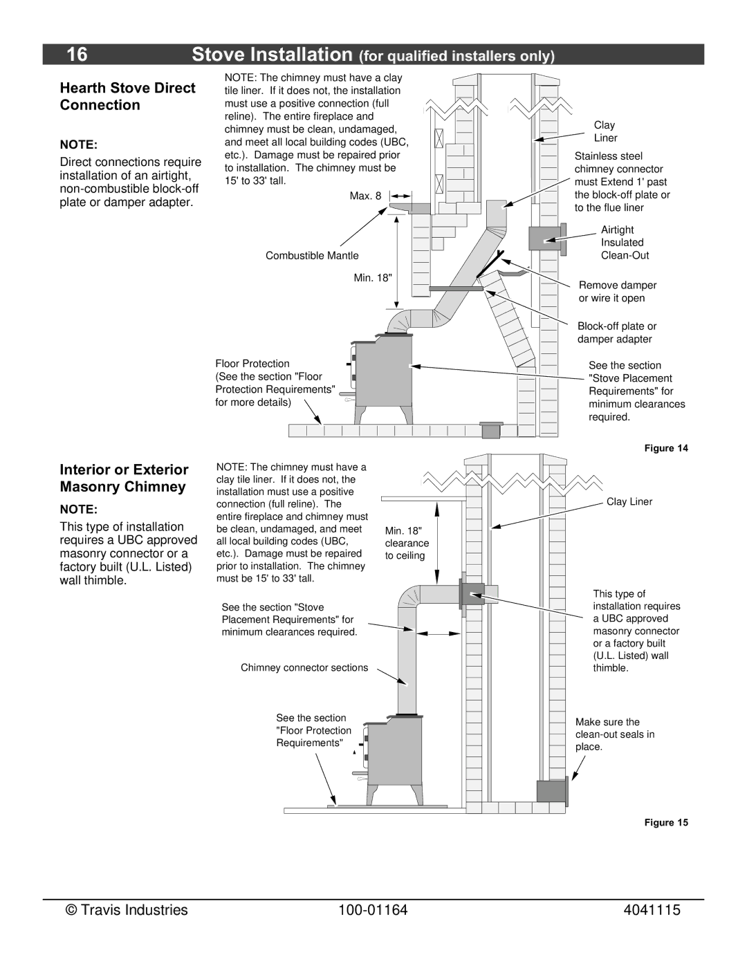 Lopi Liberty Wood Stove owner manual Hearth Stove Direct Connection, Interior or Exterior Masonry Chimney 