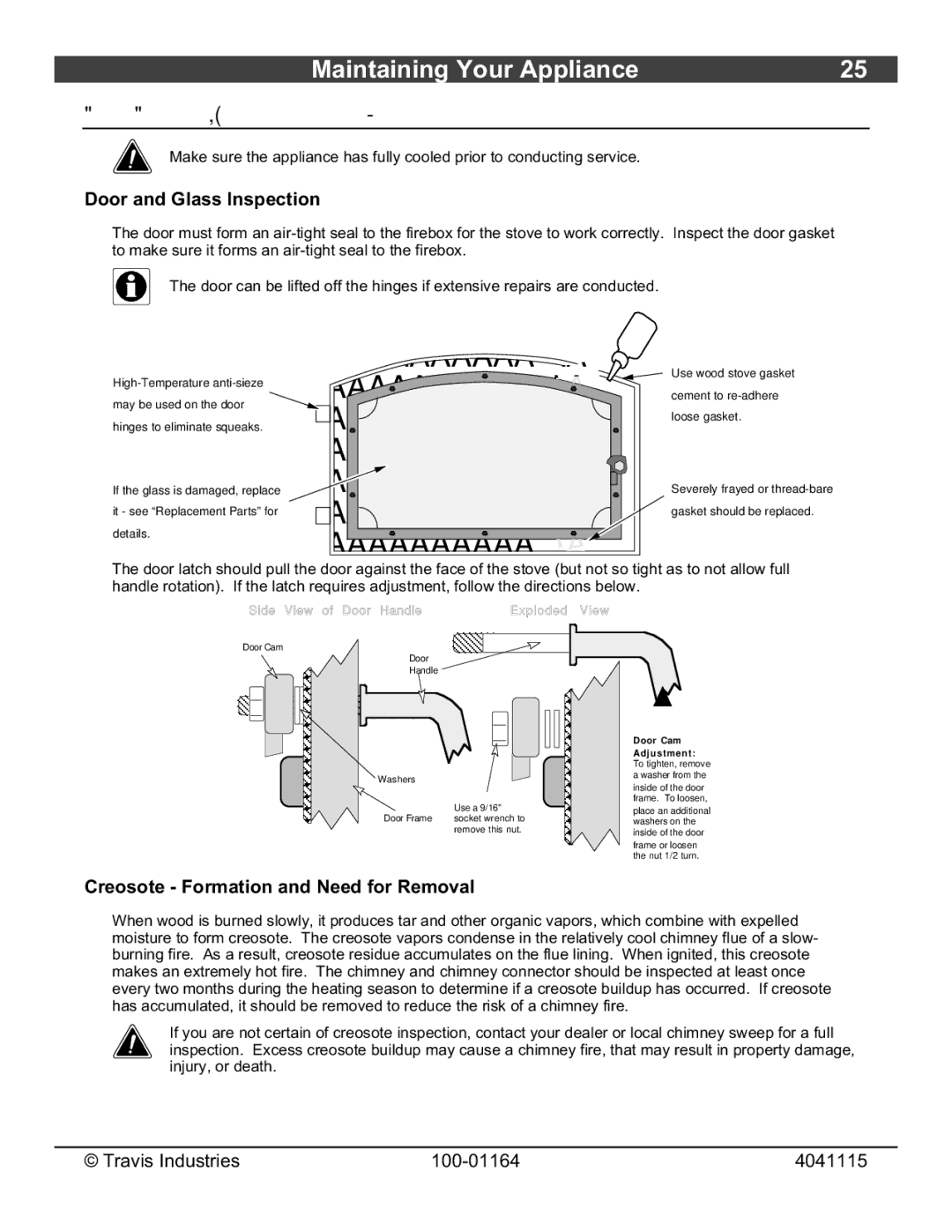 Lopi Liberty Wood Stove owner manual Monthly Maintenance while appliance is in use, Door and Glass Inspection 