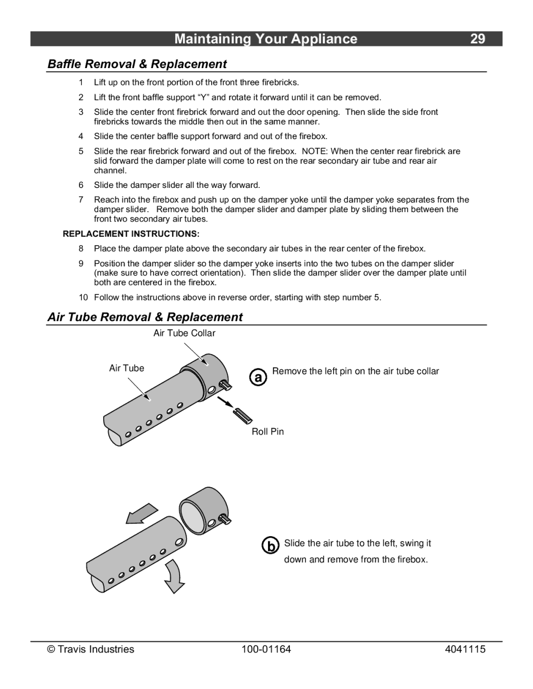 Lopi Liberty Wood Stove owner manual Baffle Removal & Replacement, Air Tube Removal & Replacement 