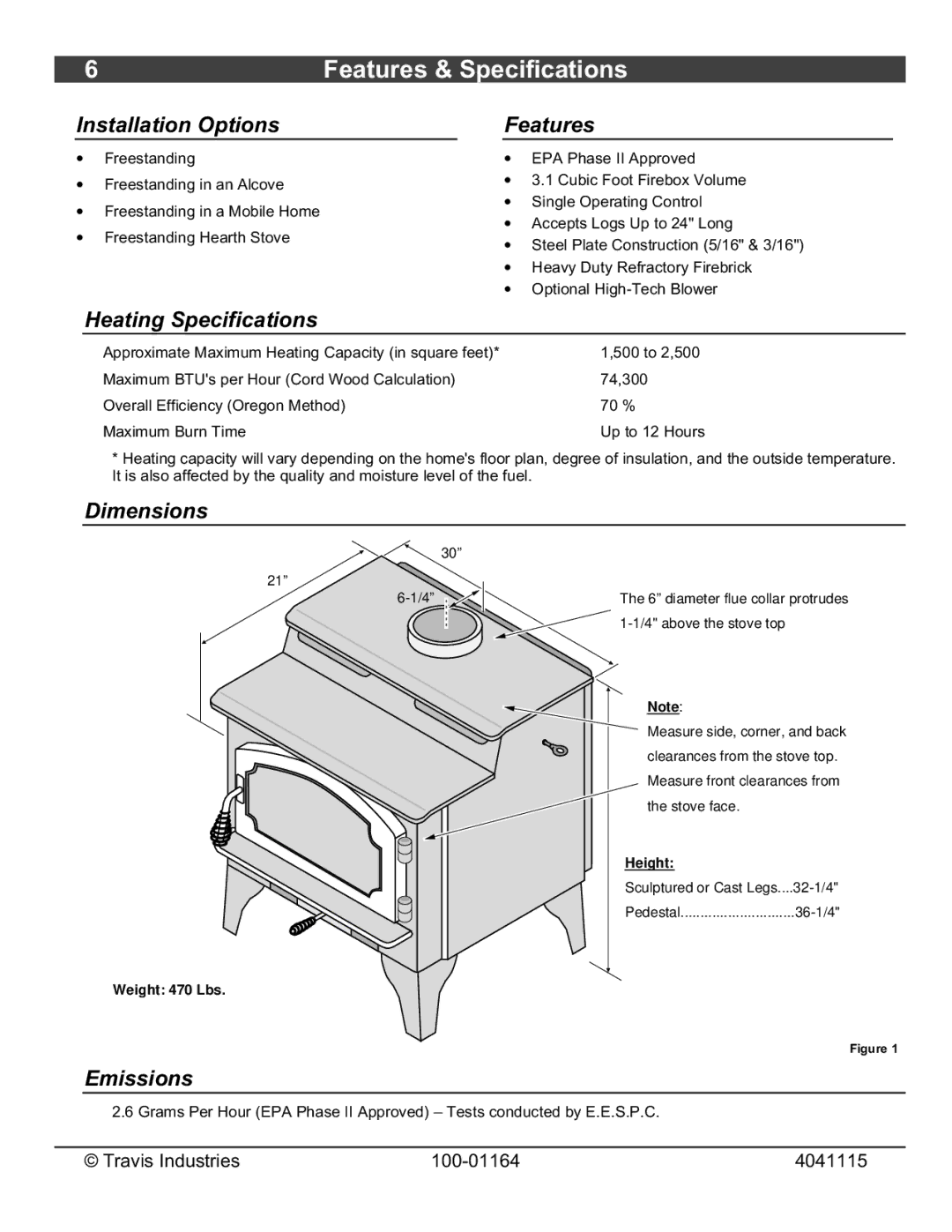 Lopi Liberty Wood Stove owner manual Features & Specifications 