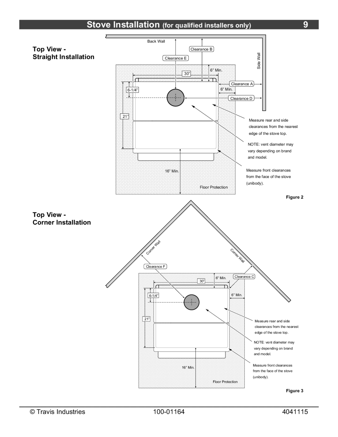 Lopi Liberty Wood Stove owner manual Top View Straight Installation, Top View Corner Installation 