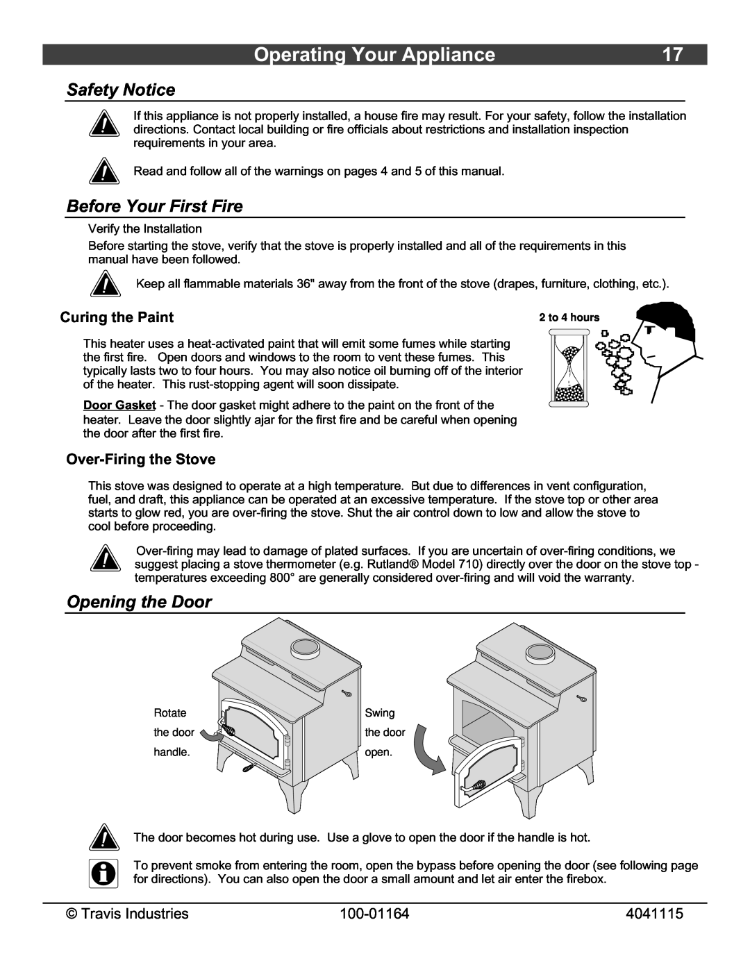 Lopi Liberty Wood Stove Operating Your Appliance, Safety Notice, Before Your First Fire, Opening the Door, 100-01164 