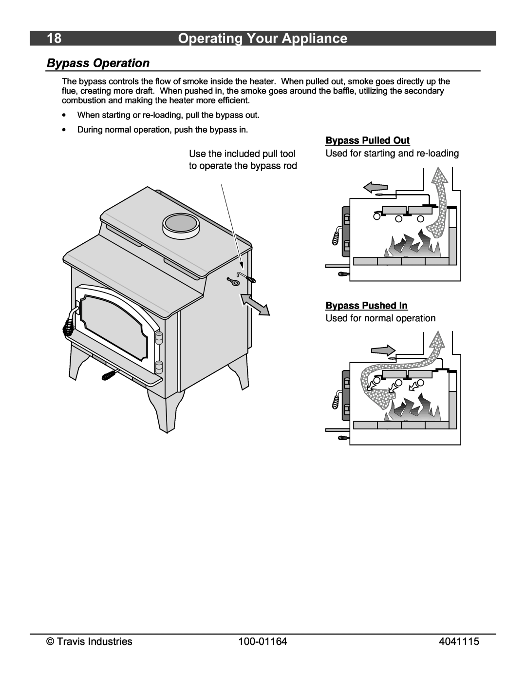 Lopi Liberty Wood Stove owner manual Operating Your Appliance, Bypass Operation, Travis Industries, 100-01164, 4041115 