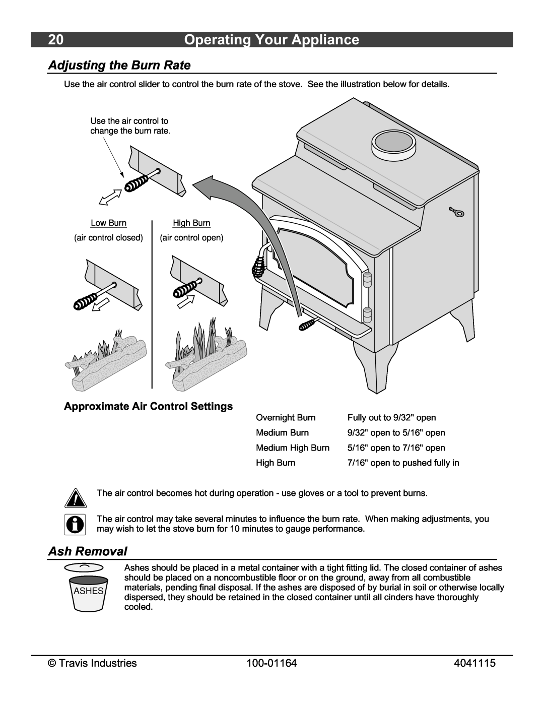 Lopi Liberty Wood Stove Operating Your Appliance, Adjusting the Burn Rate, Ash Removal, Travis Industries, 100-01164 
